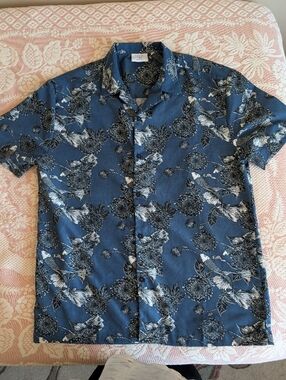 Navy Blue Floral & Koi Print Top